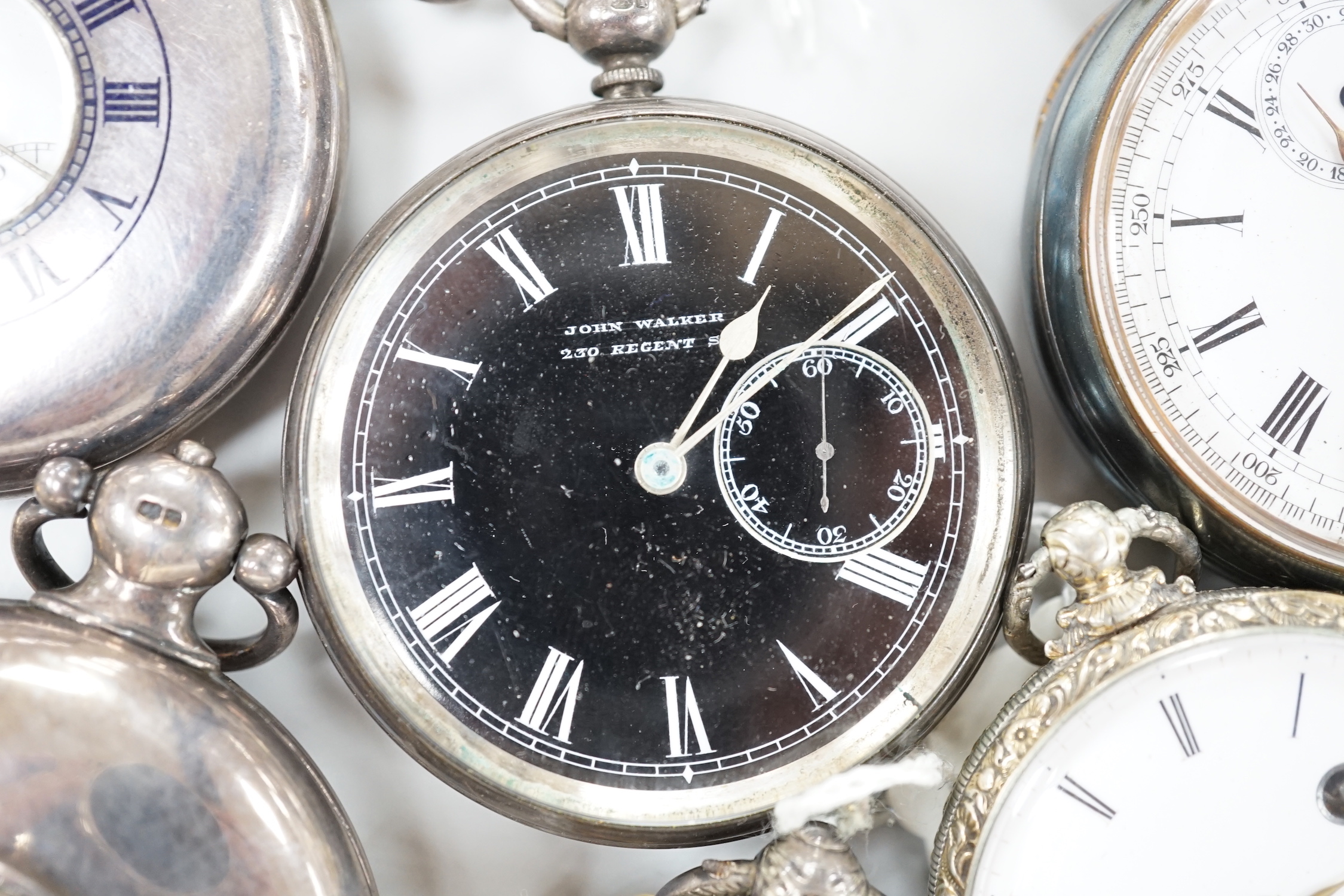 Ten assorted silver or base metal pocket watches including John Walker black dial and a deck watch by H. Golay & Son.